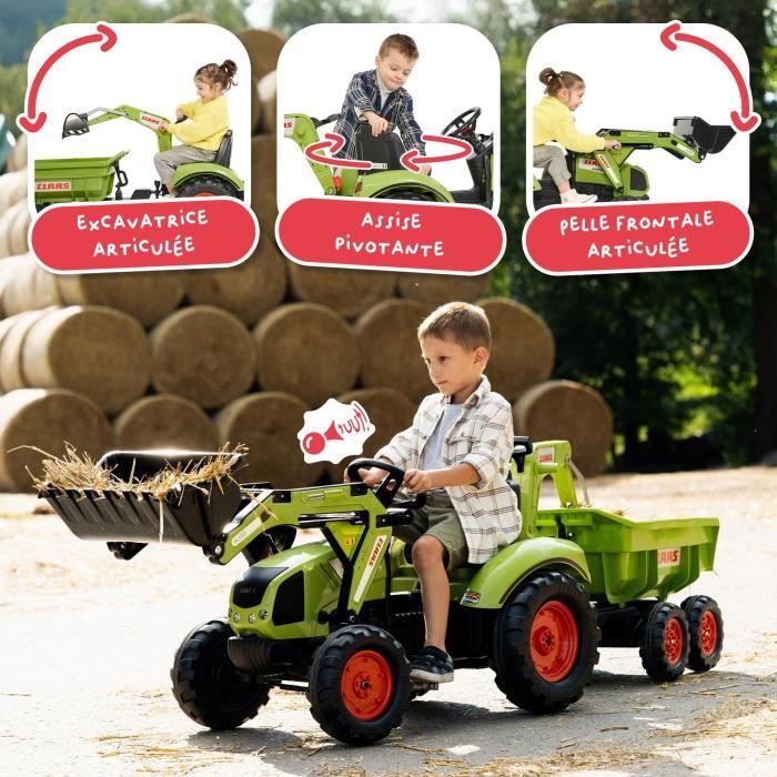 Tractopelle a pédales Claas - FALK - Volant directionnel, Selle pivotante & Excavatrice  remorque  - Fabriqué en France - Des 3 ans