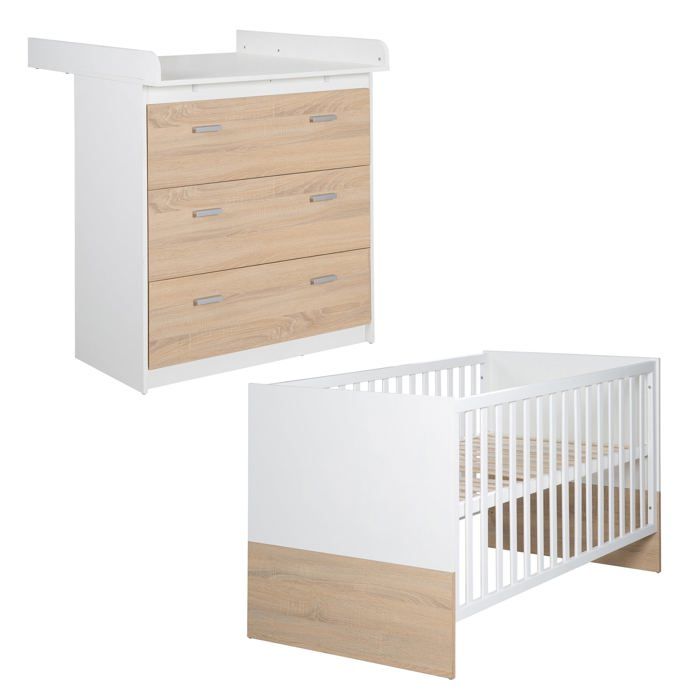 Chambre Bébé Duo ROBA - Gabriella - Lit Évolutif 70x140 + Commode a Langer Compacte - Bicolore