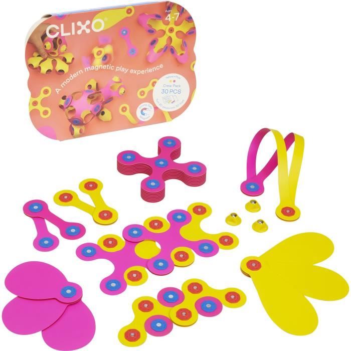 Crew Pack CLIXO - Rose/Jaune - GIPSY TOYS - Jeu de Construction magnétique, Flexible, Durable et imaginatif - 30 pieces - Des 4 ans