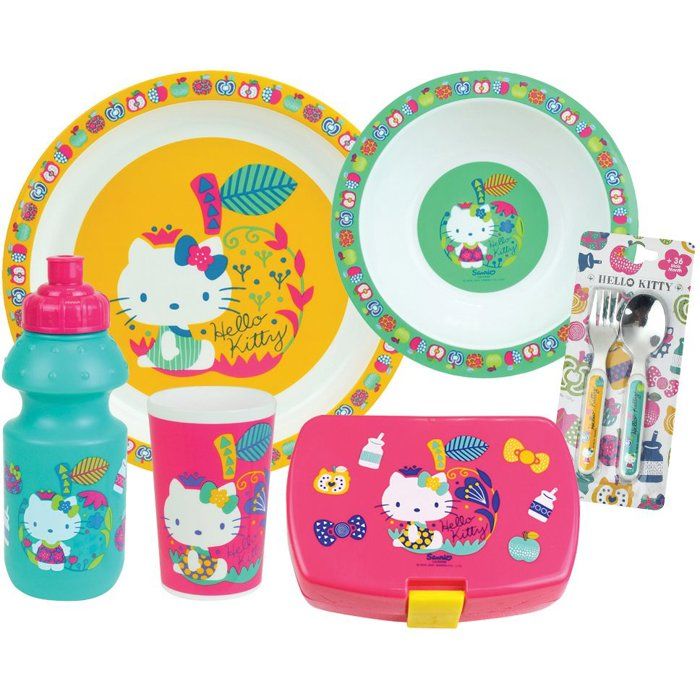 Lot vaisselle - FUN HOUSE - HELLO KITTY - Verre, Assiette creuse Ř16 cm, Asiette Ř22 cm, Couverts, Gourde, Boîte a goűter