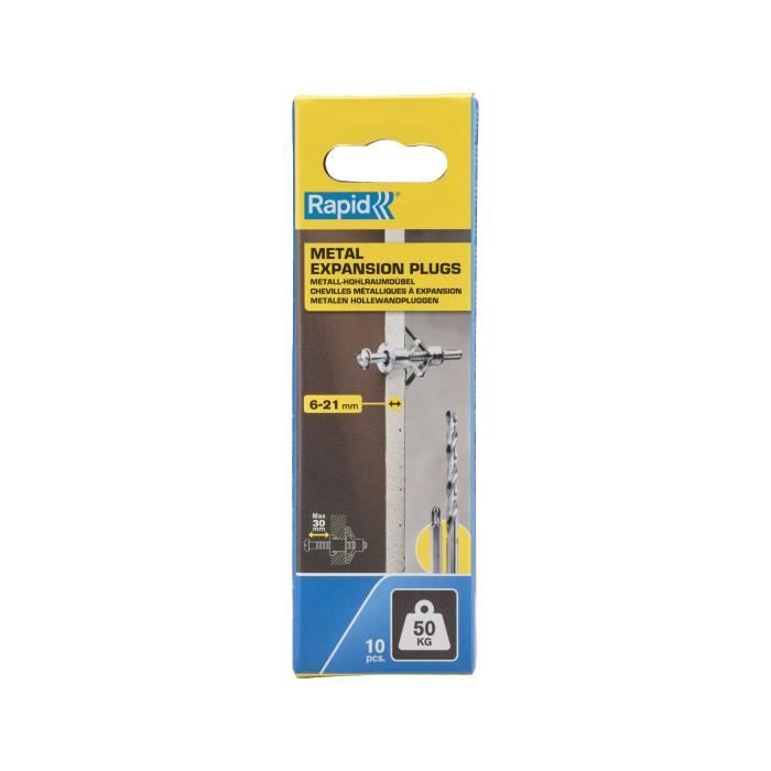 Chevilles a Expansion - RAPID - Métal pour Cloison Plâtre 6-21mm - Lot 10 - Charge Max 50 kg - (5001553)