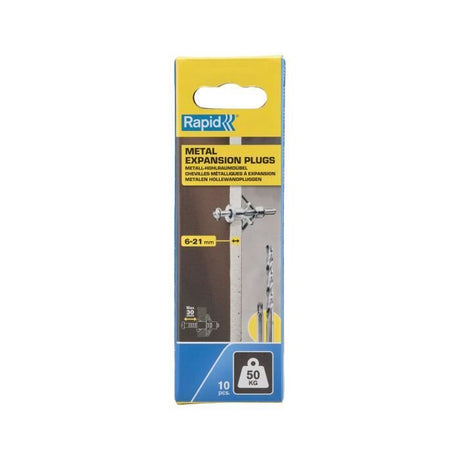 Chevilles a Expansion - RAPID - Métal pour Cloison Plâtre 6-21mm - Lot 10 - Charge Max 50 kg - (5001553)