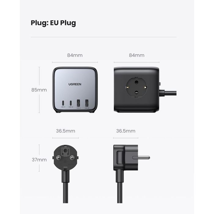 Chargeur rapide de bureau - UGREEN - 65W - Avec prises intégrées - Gris / Noir