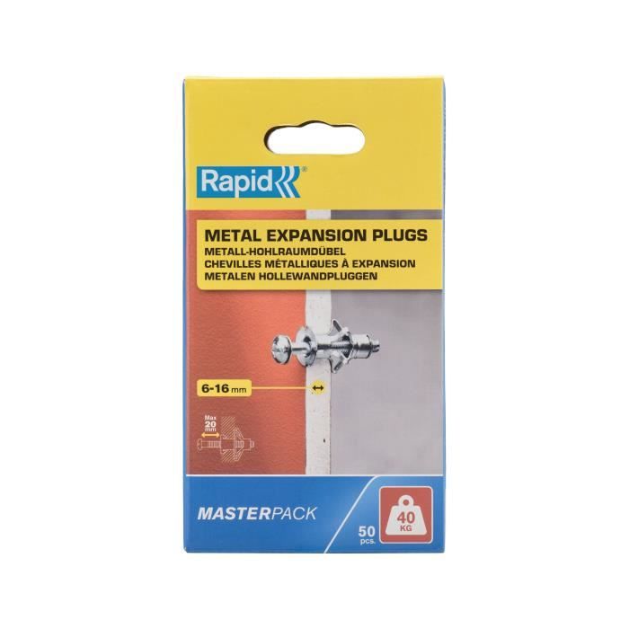 Chevilles a Expansion - RAPID - Métal pour Cloison Plâtre 6-16mm - Lot 50 - Charge Max 40 kg - (5001563)