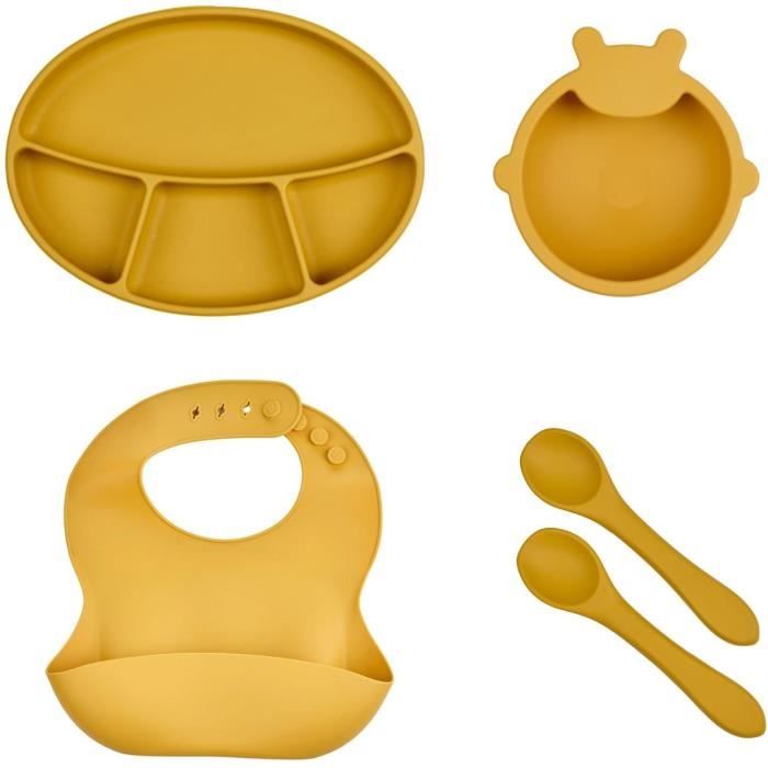 Pack Repas - THERMOBABY - Silicone - Jaune Miel - Assiette, bol, bavoir et cuilleres