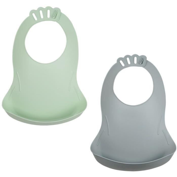 Lot de 2 bavoirs - THERMOBABY - BIBOU - Vert Céladon et Gris Charme - Ajustables et étanches