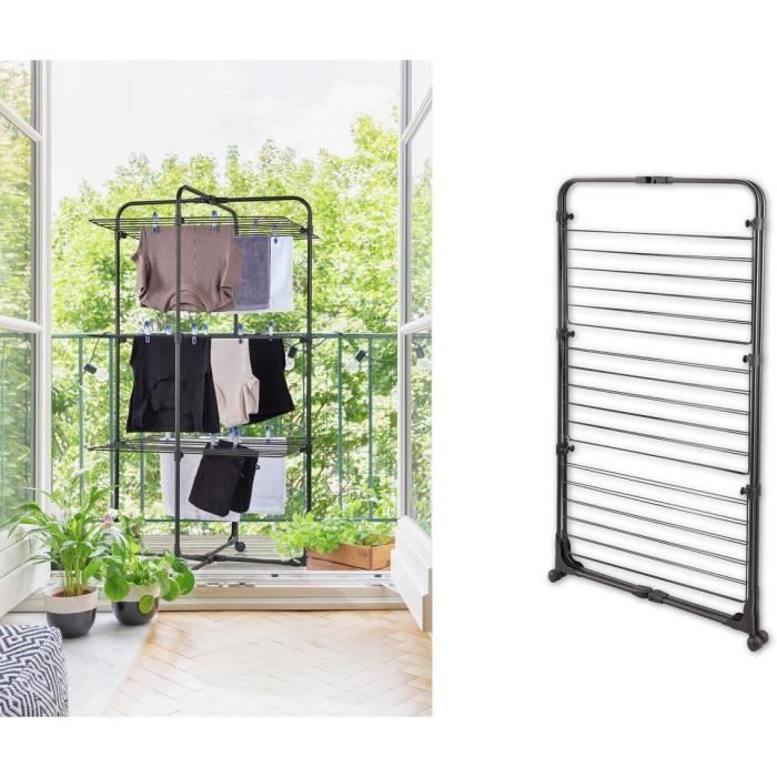 Séchoir a linge - Leifheit - 270 Classic Black - Etendoir a linge avec 27 m d'étendage - Grilles rabattables - Tour 3 niveaux - Noir