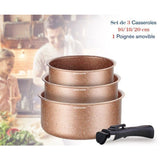 Set de 3 casseroles - Tous feux dont induction - ARTHUR MARTIN - AM2366 - Ř 16,18 et 20 cm + 1 poignée amovible - Terracotta