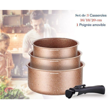 Set de 3 casseroles - Tous feux dont induction - ARTHUR MARTIN - AM2366 - Ř 16,18 et 20 cm + 1 poignée amovible - Terracotta