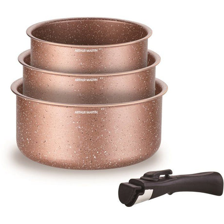Set de 3 casseroles - Tous feux dont induction - ARTHUR MARTIN - AM2366 - Ř 16,18 et 20 cm + 1 poignée amovible - Terracotta