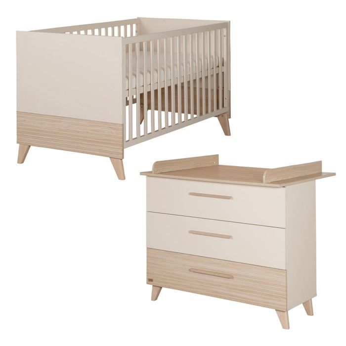 Chambre bébé duo : Lit évolutif 70 x 140 cm + Commode a langer - SIDNEY - ROBA - Chene / Beige