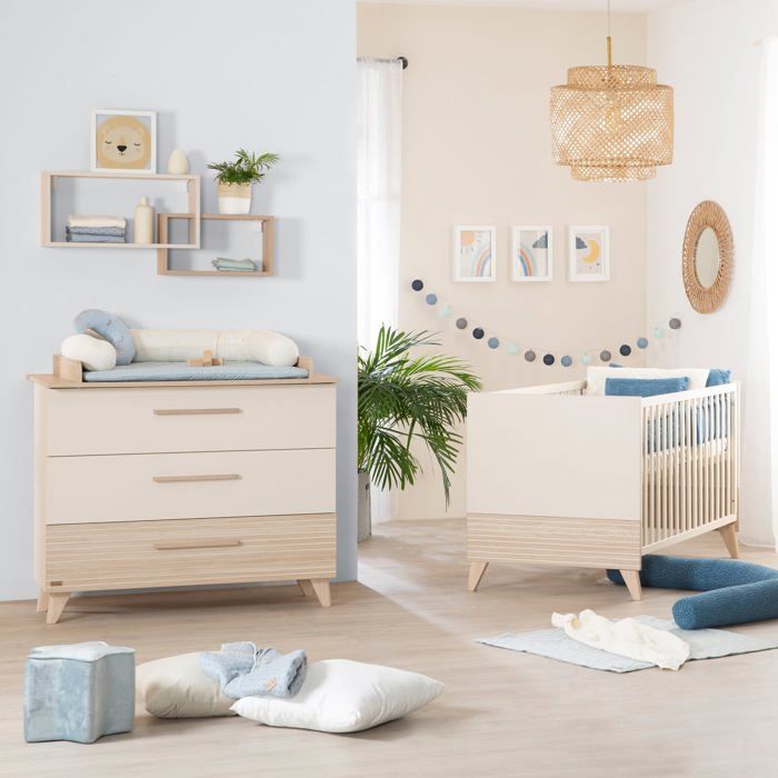 Lit bébé évolutif en lit junior - 70 x 140 cm - SIDNEY - Chene / Beige