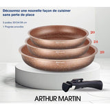 Set de 3 poeles - Tous feux dont induction - ARTHUR MARTIN - AM9811 - Ø 20, 24 et 28 cm + 1 poignée amovible - Terracotta