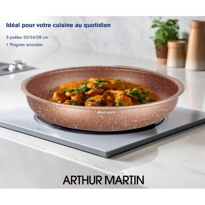 Set de 3 poeles - Tous feux dont induction - ARTHUR MARTIN - AM9811 - Ø 20, 24 et 28 cm + 1 poignée amovible - Terracotta