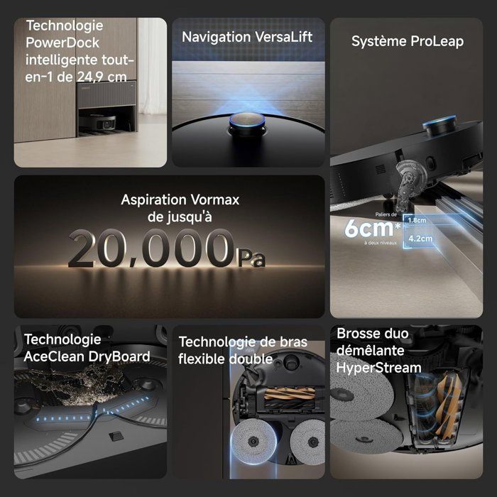 DREAME X50 Master Aspirateur Robot Laveur avec Base 8 en 1 compacte 24,9 cm - Systme de franchissement - 20 000 Pa - Brosse démelant