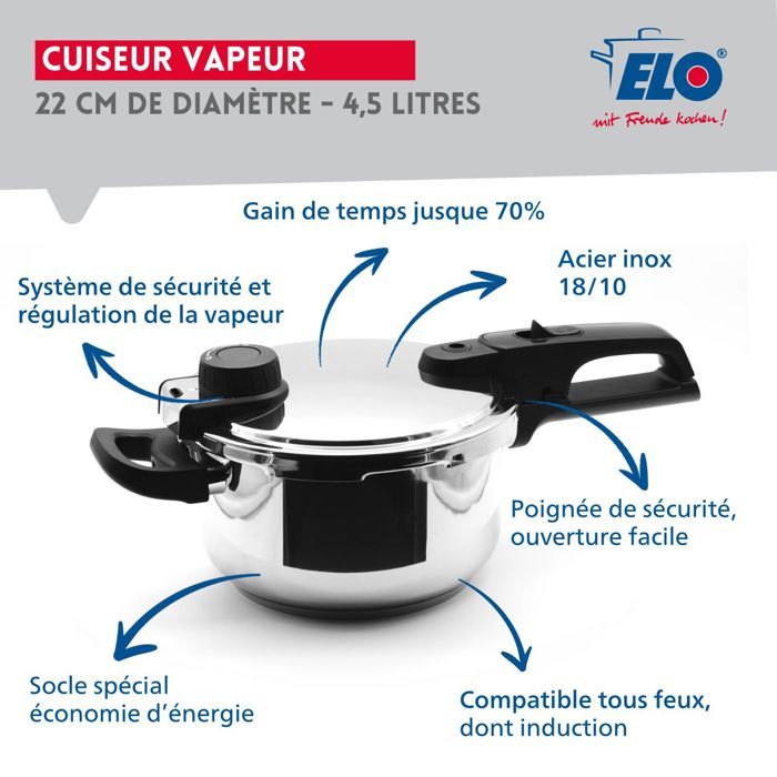 Autocuiseur vapeur - FACKELMANN - Elo Mistral Premium - Acier inoxydable 18/10 - 22 cm - 4,5 litres
