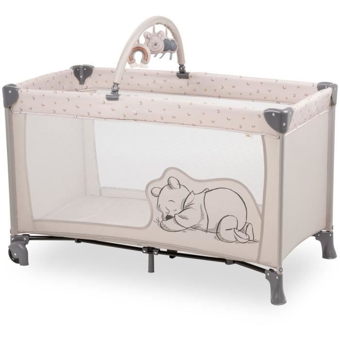 Lit de voyage - HAUCK - DREAM N PLAY GO - 60 x 120 cm - Arche peluches - Pliable - Roulettes - Winnie l'ourson arc-en-ciel beige