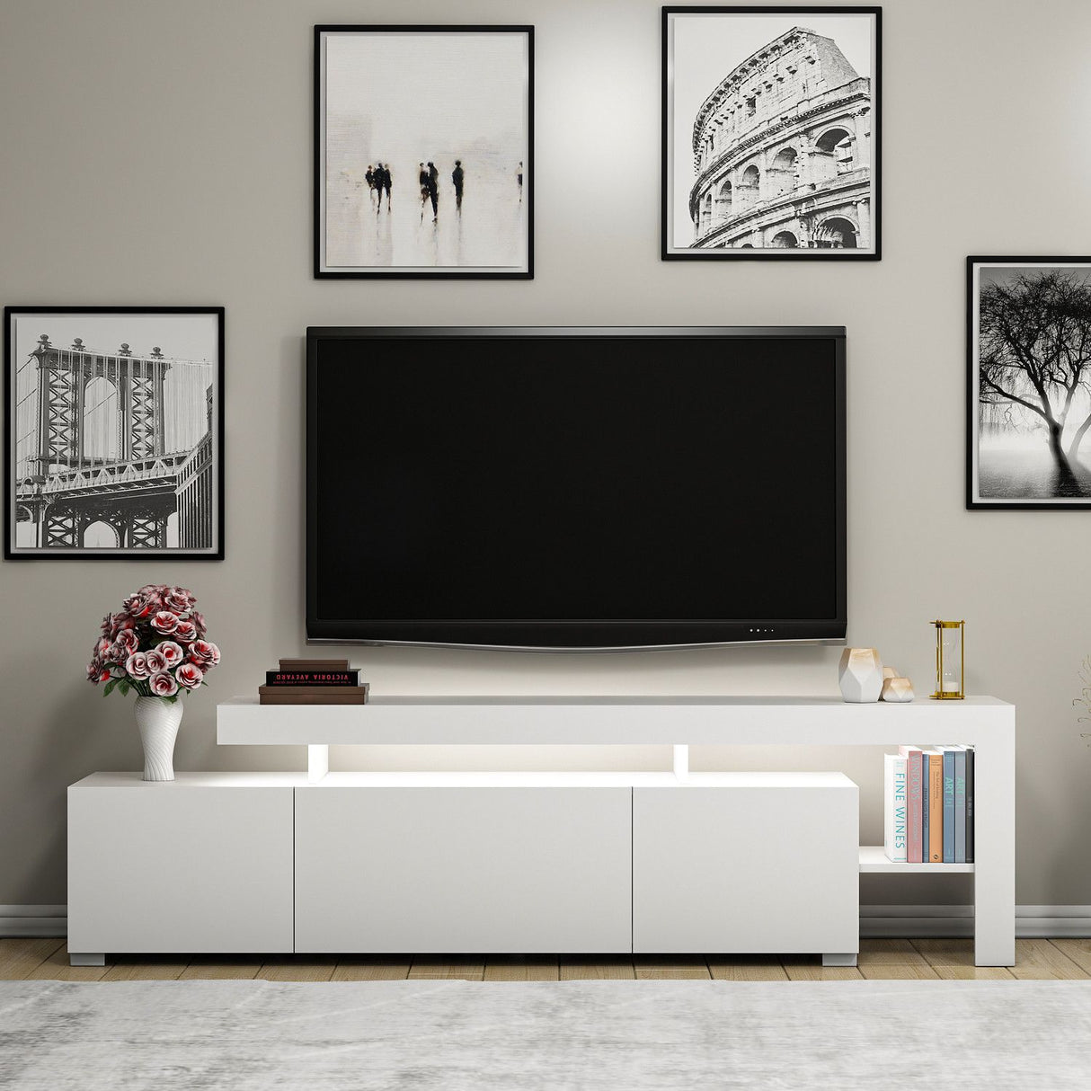 Meuble TV avec éclairage LED - BELIZ - Blanc - 192 x 53 x 37 cm