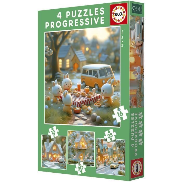 Puzzles progressifs - EDUCA - La Ville des Lapins - 4 puzzles - 12 a 25 pieces - Pour enfants