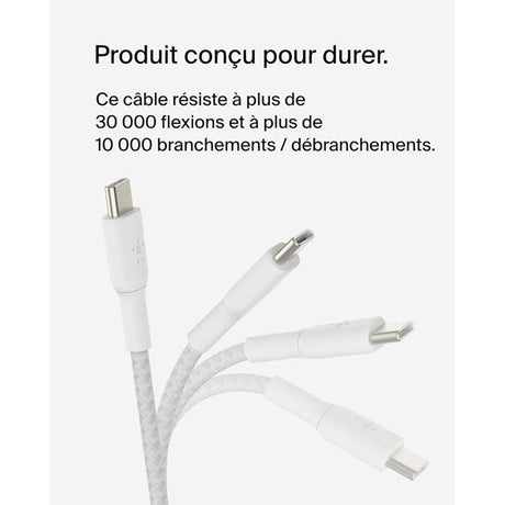 Câble tressé - BELKIN - USB-C vers USB-C - 2 m - Blanc