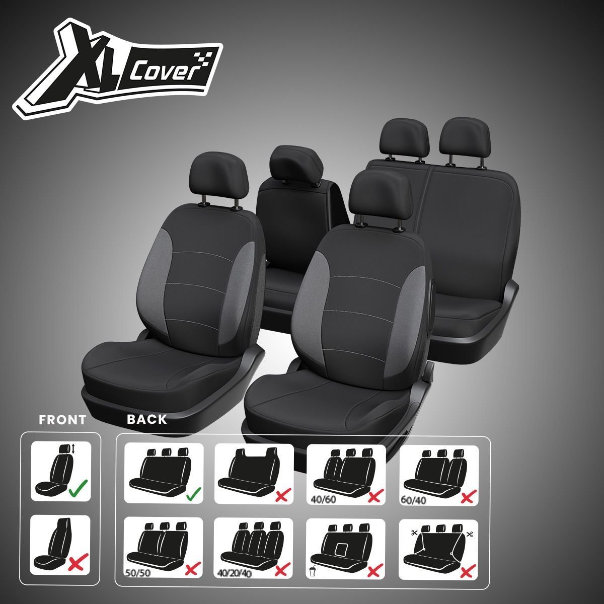 Housses auto - XLCOVER - Fractionnable - Compatible Airbags - Housses sieges avant, appuis-tete et banquette arriere