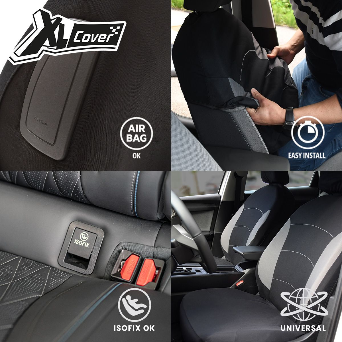 Housses auto - XLCOVER - Fractionnable - Compatible Airbags - Housses sieges avant, appuis-tete et banquette arriere
