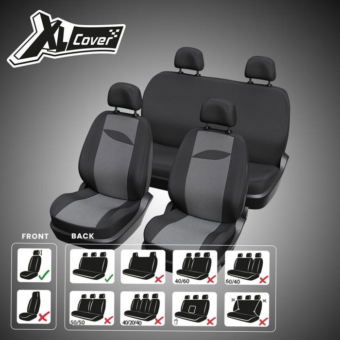 Housses auto - XLCOVER - Non fractionnable - Compatible Airbags - Housses sieges avant, appuis-tete et banquette arriere