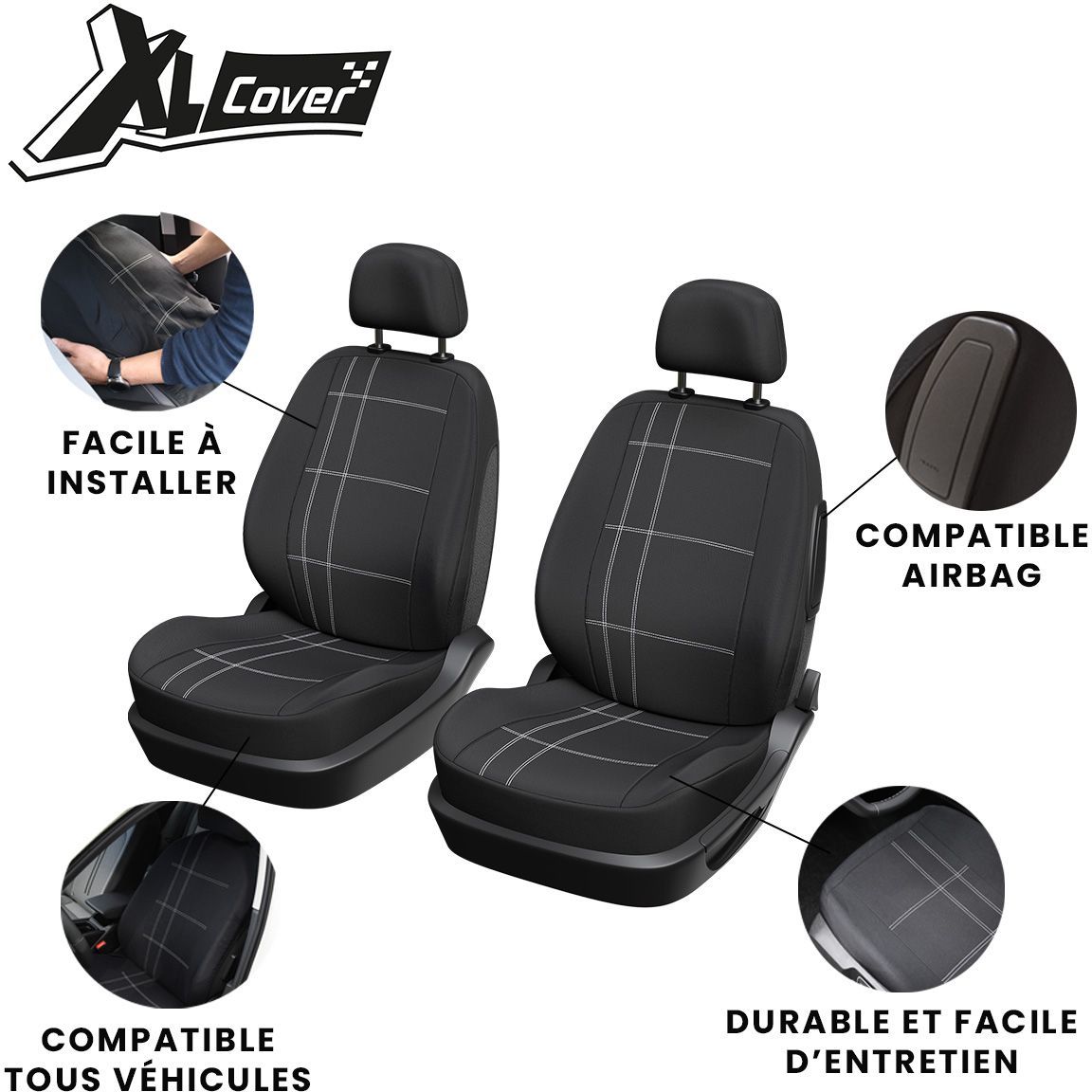 Lot de 2 housses auto avant - XLCOVER - Compatible Airbags - Noir - Housses pour sieges et appuis-tete