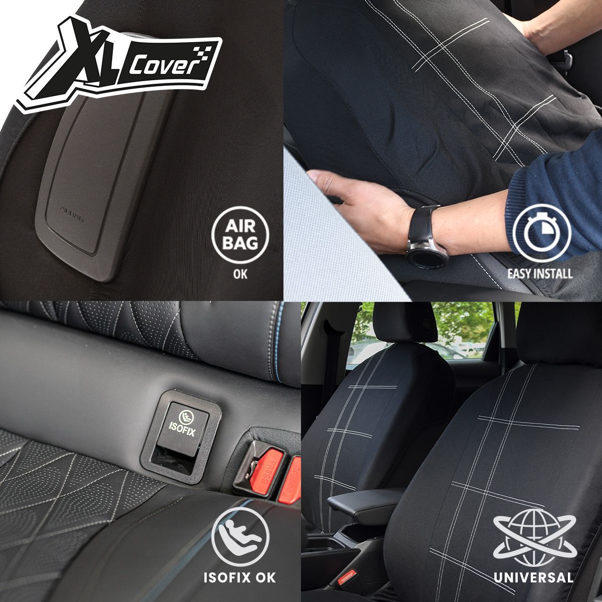 Lot de 2 housses auto avant - XLCOVER - Compatible Airbags - Noir - Housses pour sieges et appuis-tete
