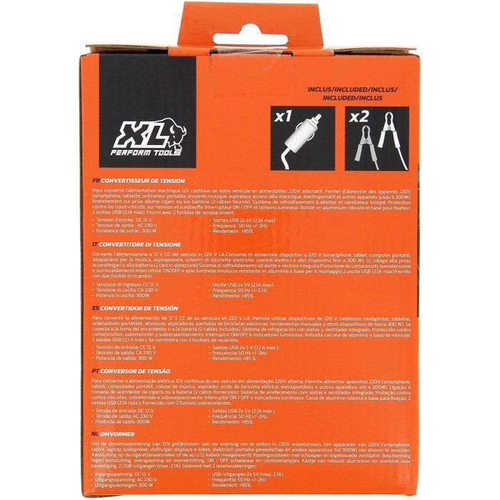 Convertisseur - XL PERFORM TOOLS - 12V-230V - 300 W - 2 fusibles inclus - 2 sorties USB