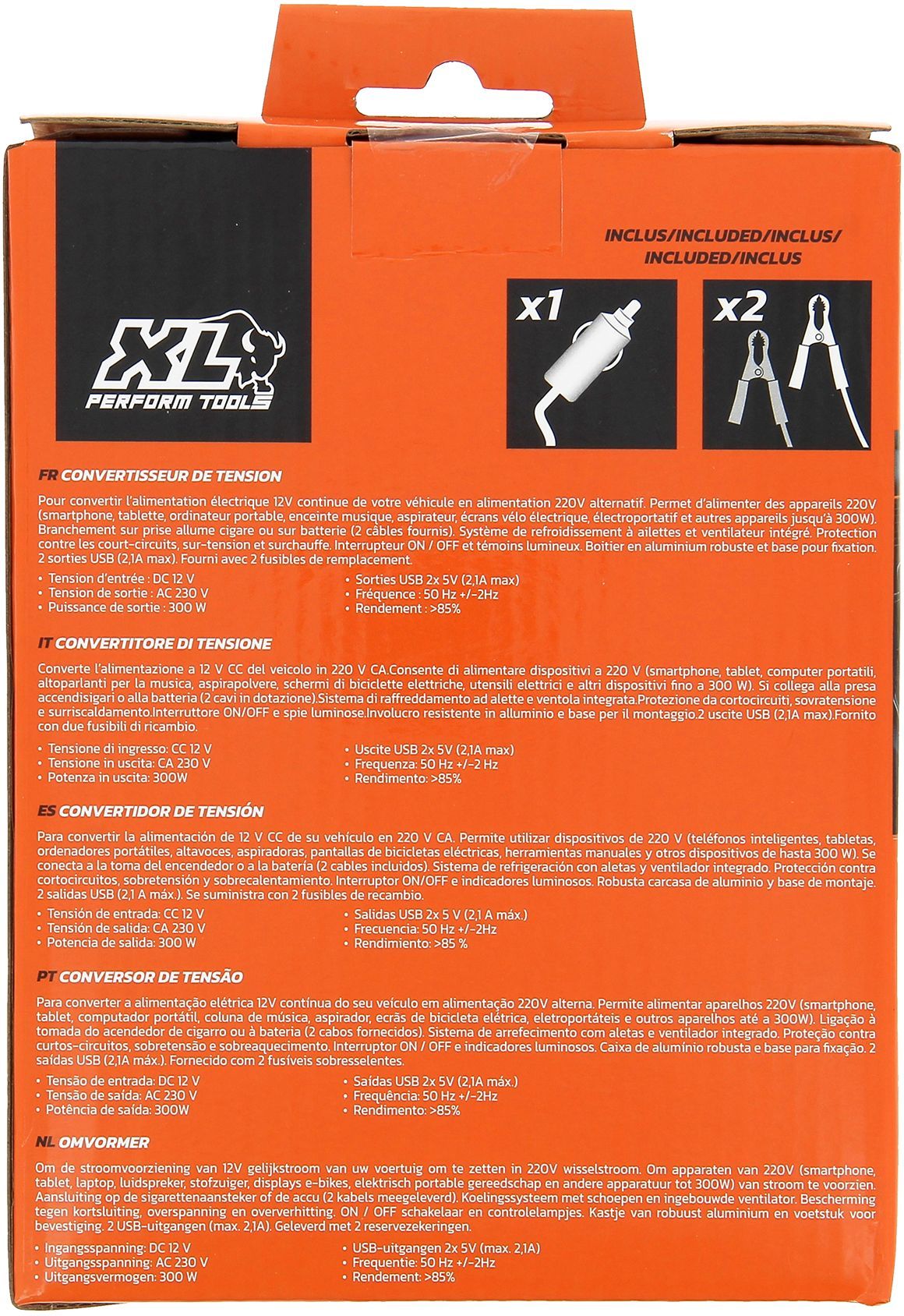 Convertisseur - XL PERFORM TOOLS - 12V-230V - 300 W - 2 fusibles inclus - 2 sorties USB
