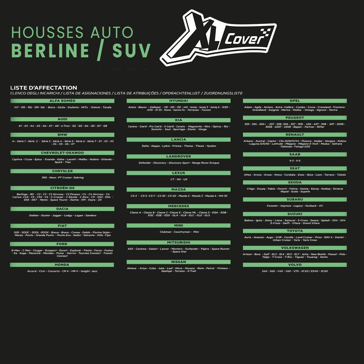 Housses auto - XLCOVER - SUV/Berline - Fractionnable - Housses assises/dossiers avant, appuis-tete et banquette arriere