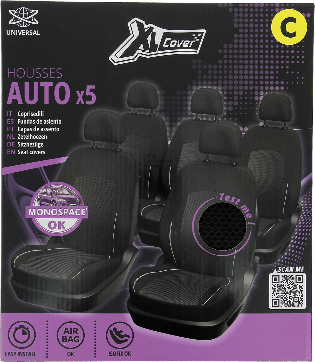 Pack de 5 housses auto universelles - XLCOVER - Monospace - Compatible Airbags - Housses les assises, dossiers et appuis-tete