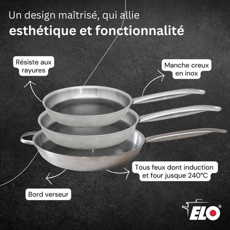 Set de 3 poeles a induction - ELO - Relief Solutions - Inox 18/10 ELODUR Select antiadhésives - Ř 24-28-32 cm