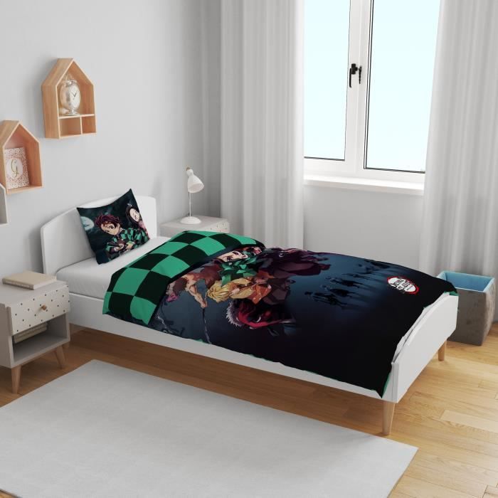 Parure de lit réversible - DEMON SLAYER - Kimetsu - Microfibre - 1 housse de couette 140 x 200 cm + 1 taie 63 x 63 cm