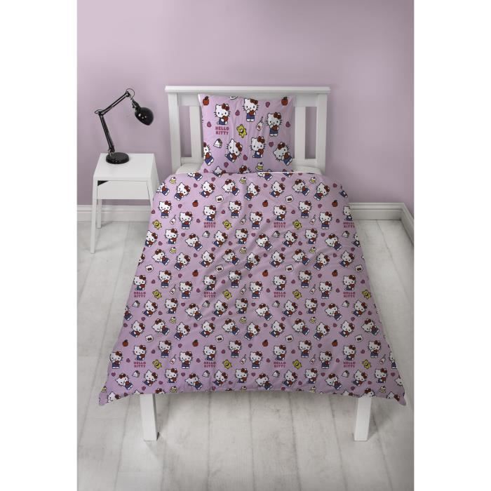 Parure de lit réversible - HELLO KITTY - Microfibre - 1 housse de couette 140 x 200 cm + 1 taie 63 x 63 cm