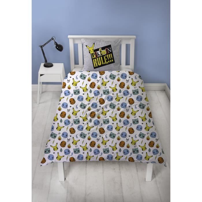 Parure de lit réversible - POKEMON - Pikachu et Starter - Gris - Microfibre - 1 housse de couette 140 x 200 cm + 1 taie 63 x 63 cm