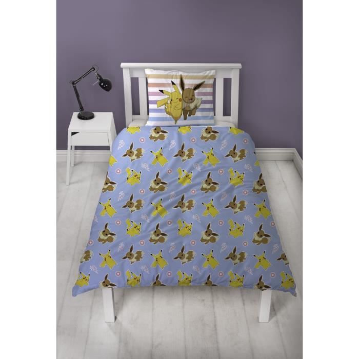 Parure de lit réversible - POKEMON - Pikachu et Evoli - Microfibre - 1 housse de couette 140 x 200 cm + 1 taie 63 x 63 cm