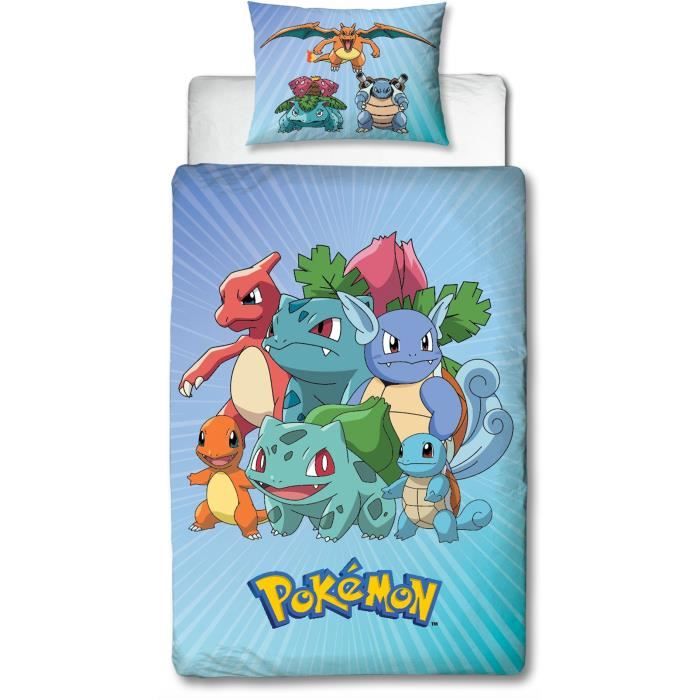 Parure de lit réversible - POKEMON - Pikachu et Starter - Bleu - Microfibre - 1 housse de couette 140 x 200 cm + 1 taie 63 x 63 cm