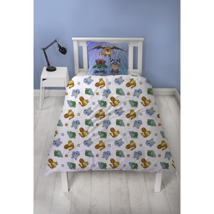 Parure de lit réversible - POKEMON - Pikachu et Starter - Bleu - Microfibre - 1 housse de couette 140 x 200 cm + 1 taie 63 x 63 cm