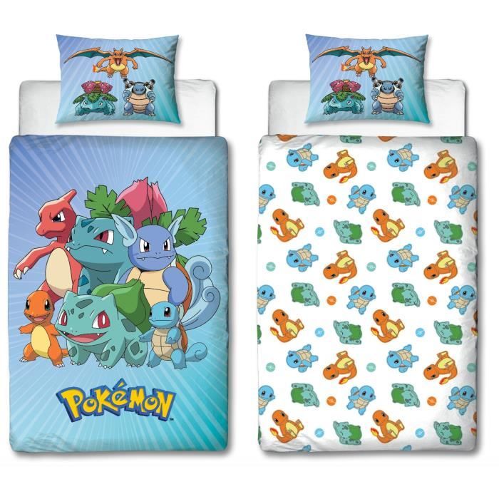 Parure de lit réversible - POKEMON - Pikachu et Starter - Bleu - Microfibre - 1 housse de couette 140 x 200 cm + 1 taie 63 x 63 cm