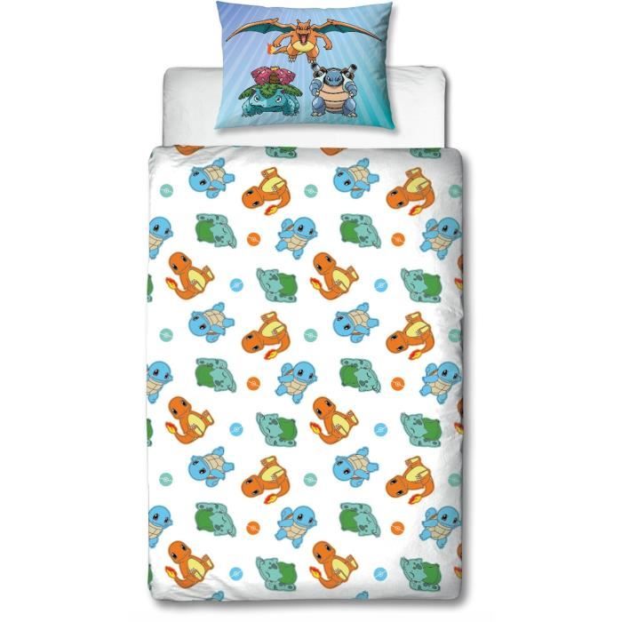 Parure de lit réversible - POKEMON - Pikachu et Starter - Bleu - Microfibre - 1 housse de couette 140 x 200 cm + 1 taie 63 x 63 cm