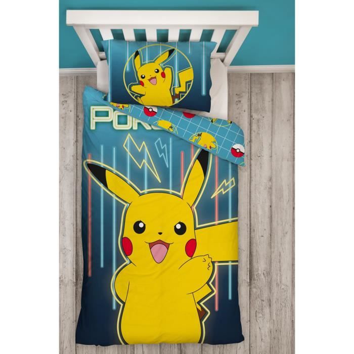 Parure de lit réversible - POKEMON - Pikachu Laser - Microfibre - 1 housse de couette 140 x 200 cm + 1 taie 63 x 63 cm