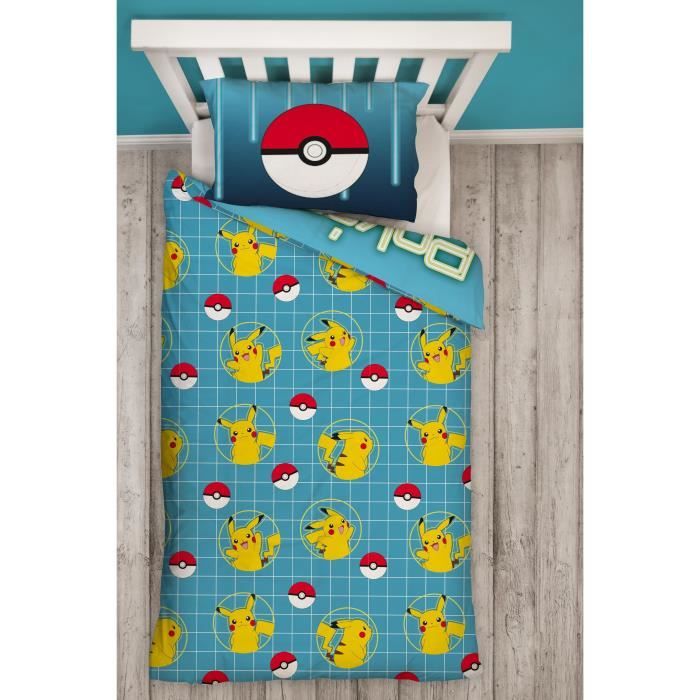 Parure de lit réversible - POKEMON - Pikachu Laser - Microfibre - 1 housse de couette 140 x 200 cm + 1 taie 63 x 63 cm