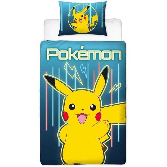 Parure de lit réversible - POKEMON - Pikachu Laser - Microfibre - 1 housse de couette 140 x 200 cm + 1 taie 63 x 63 cm