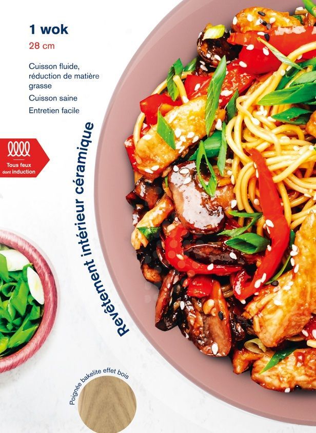 Wok - Tous feux dont induction - ARTHUR MARTIN - AM4944 - Revetement céramique - Ø 28 cm - Rose