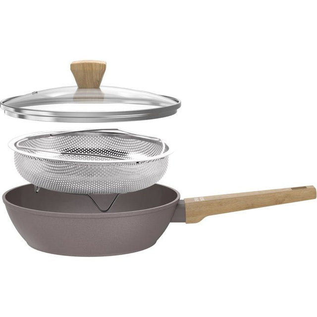 Sauteuse - Tous feux dont induction - ARTHUR MARTIN - AM9910 - Revetement céramique - Ř 28 cm - Couvercle et panier inox - Taupe