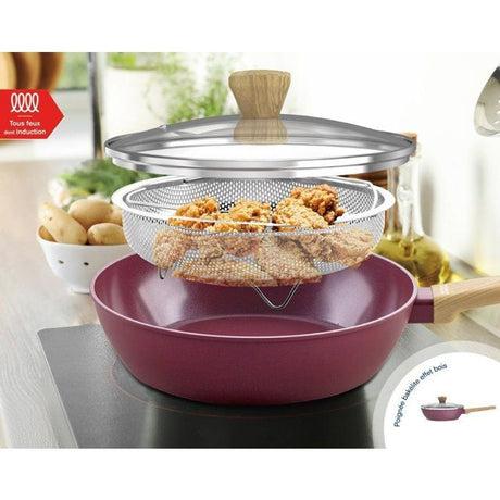 Sauteuse - Tous feux dont induction - ARTHUR MARTIN - AM3056 - Revetement céramique - Ř 24 cm - Couvercle et panier inox - Prune