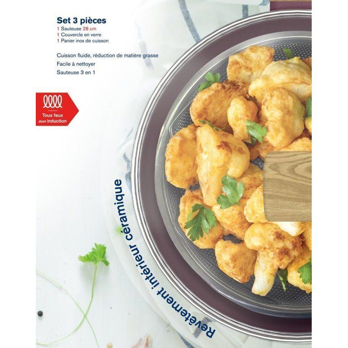 Sauteuse - Tous feux dont induction - ARTHUR MARTIN - AM3056 - Revetement céramique - Ř 24 cm - Couvercle et panier inox - Prune