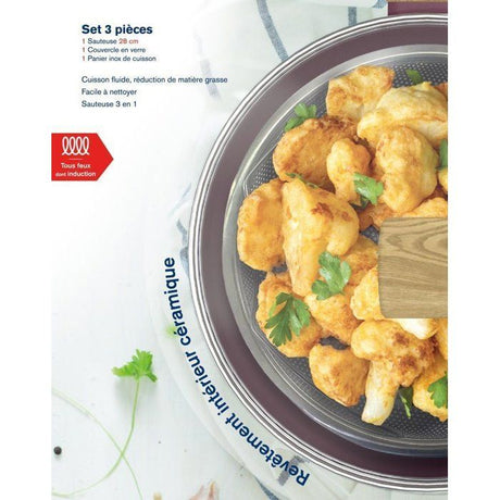 Sauteuse - Tous feux dont induction - ARTHUR MARTIN - AM3056 - Revetement céramique - Ř 24 cm - Couvercle et panier inox - Prune